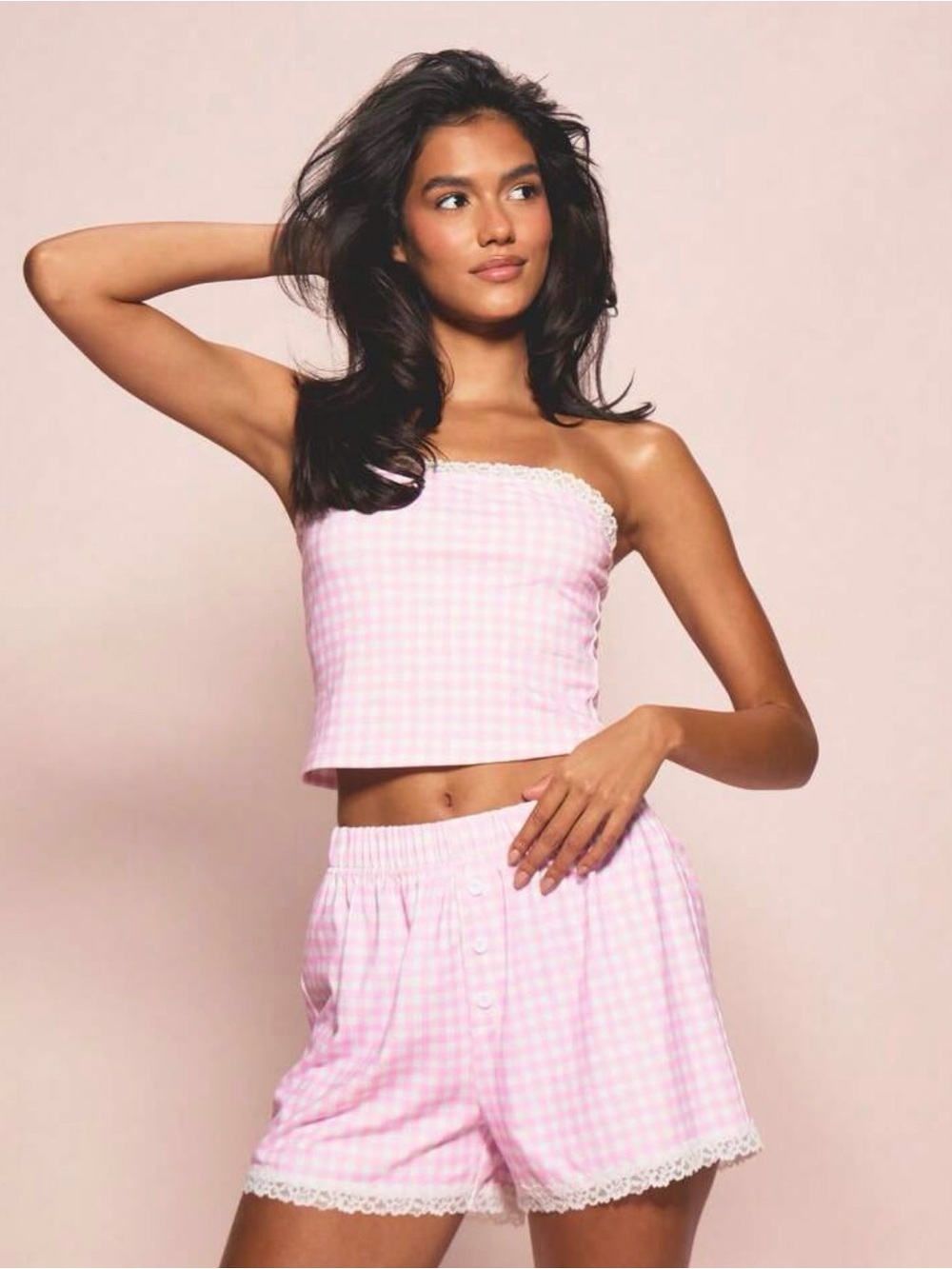 🆕🎀Pink Gingham Lace Trim PJ Set